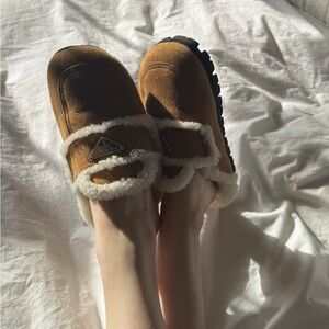 Prada Tan and Cream Shearling-lined suede mules with Dust Bag EU 37